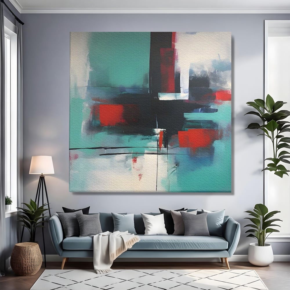 Tablou canvas cu pictura abstracta patrata cu pete rosii, fara rama, pe sasiu de lemn, pe perete intr-un living